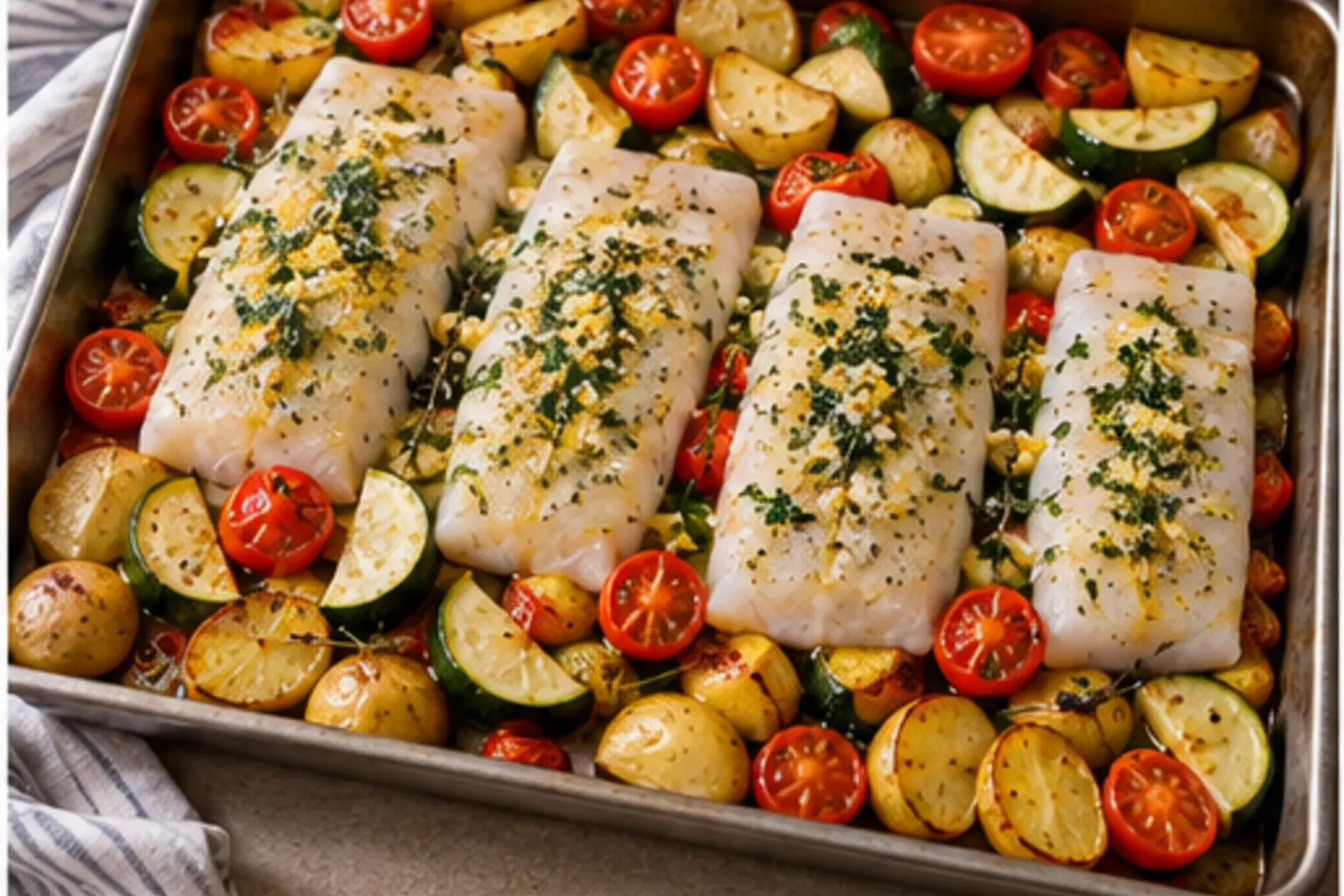 Filets de lieu noir ajoutés aux légumes sur une plaque avant cuisson
