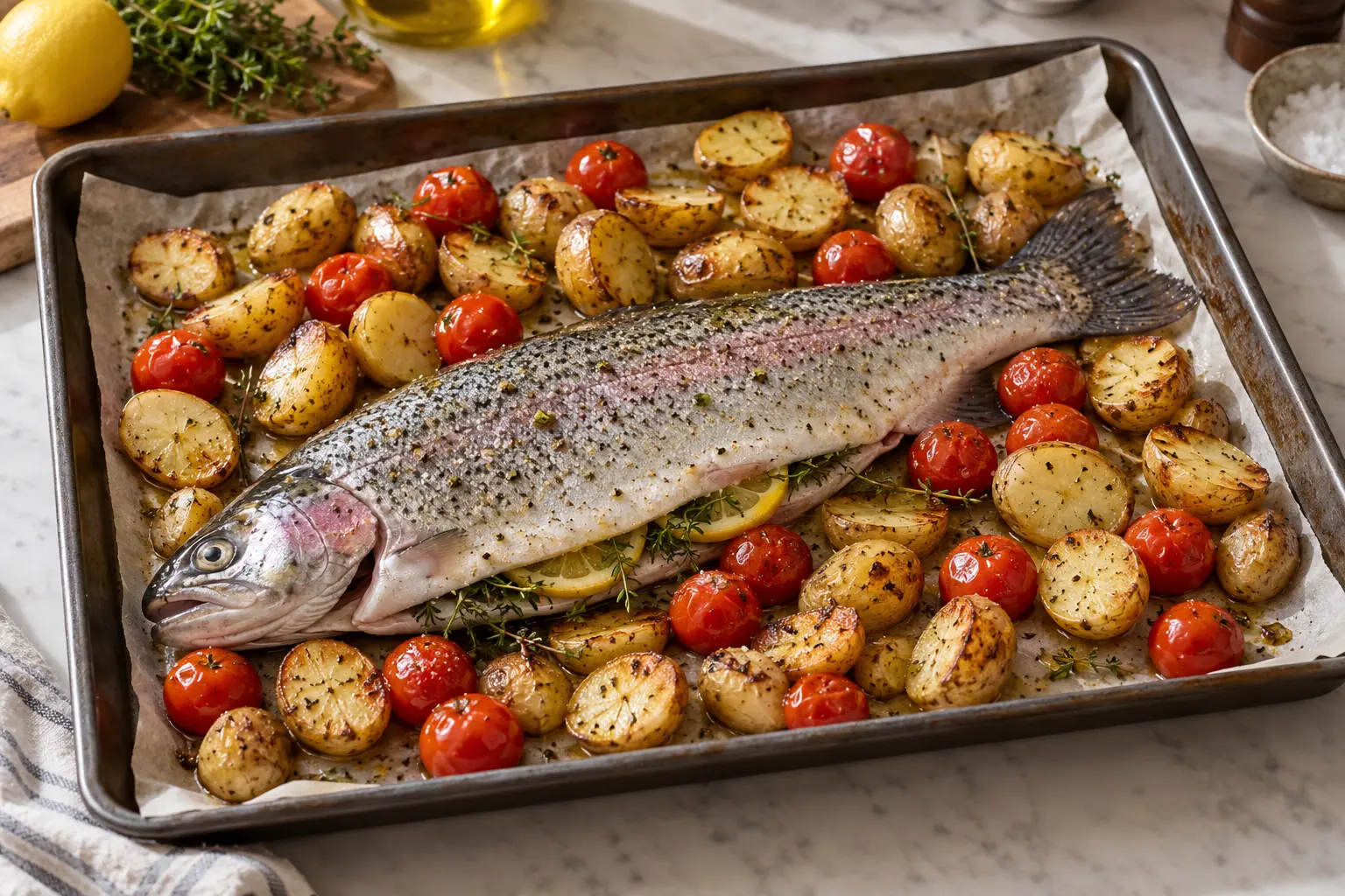 Truite entière ajoutée aux pommes de terre et tomates avant cuisson au four