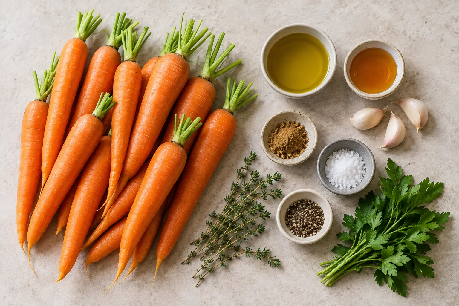 Carottes huile d’olive miel ail cumin thym persil sel et poivre