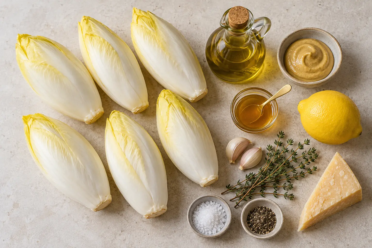 Endives huile olive moutarde miel citron ail thym et parmesan
