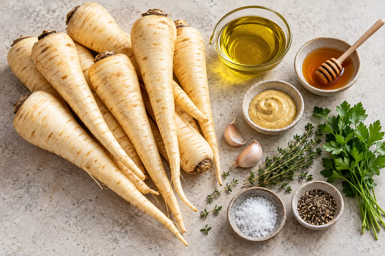 Panais huile miel moutarde ail thym et persil pour la recette