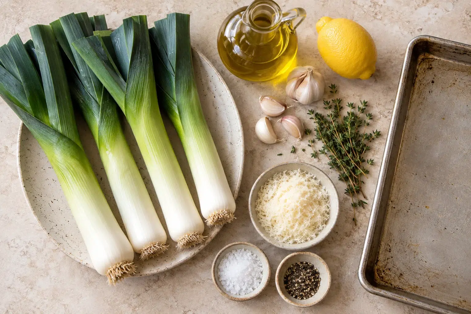 Poireaux huile d’olive ail thym citron et parmesan pour la recette