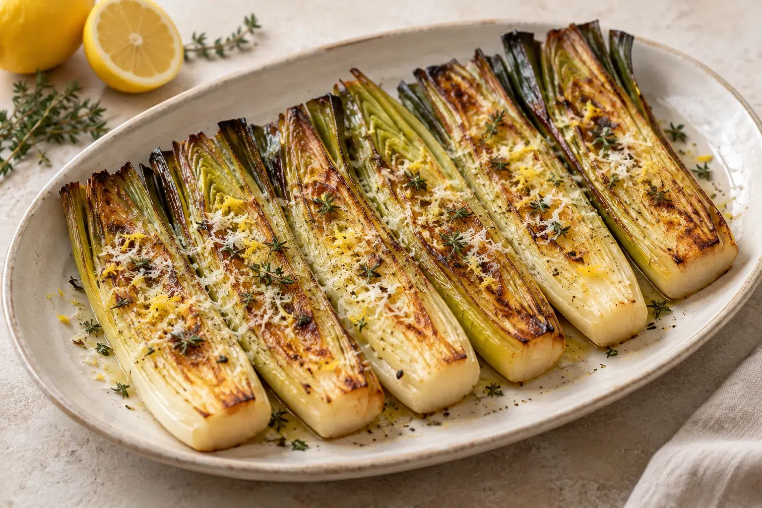 Poireaux rôtis au four dorés avec parmesan thym et citron