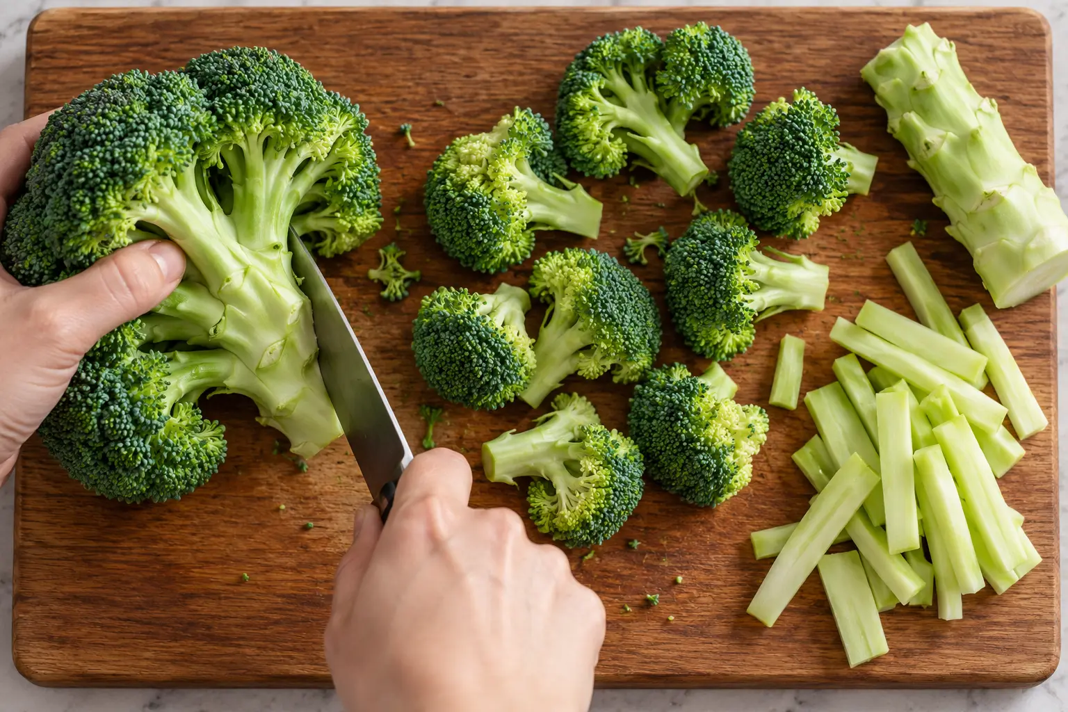 Brocoli découpé en fleurettes et tige pelée en bâtonnets