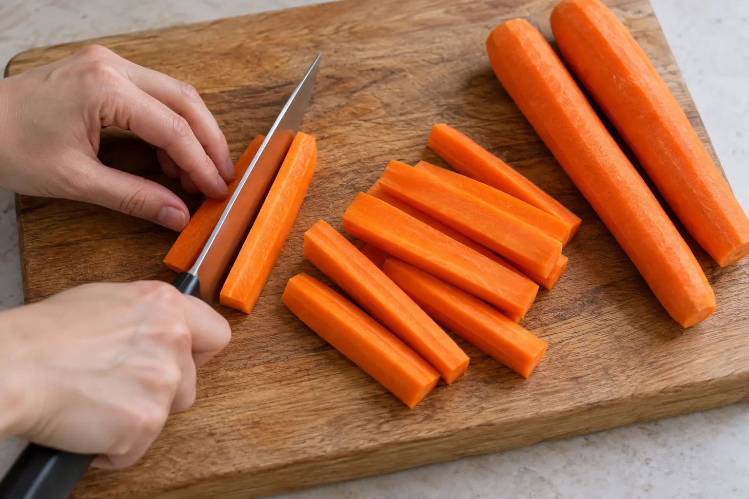Carottes pelées découpées en bâtonnets réguliers