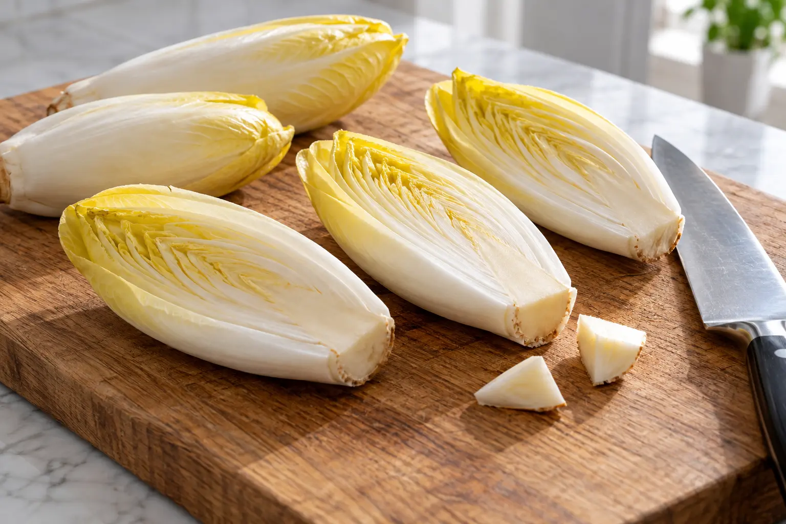 Endives coupées en deux avec petit cône retiré à la base