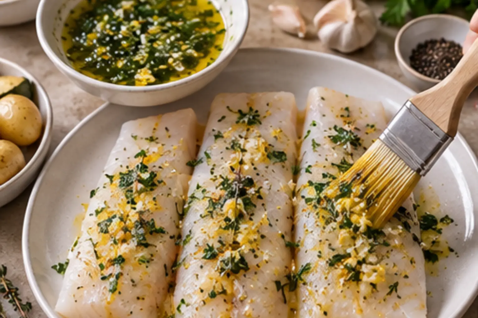 Filets de lieu noir badigeonnés de citron ail et herbes