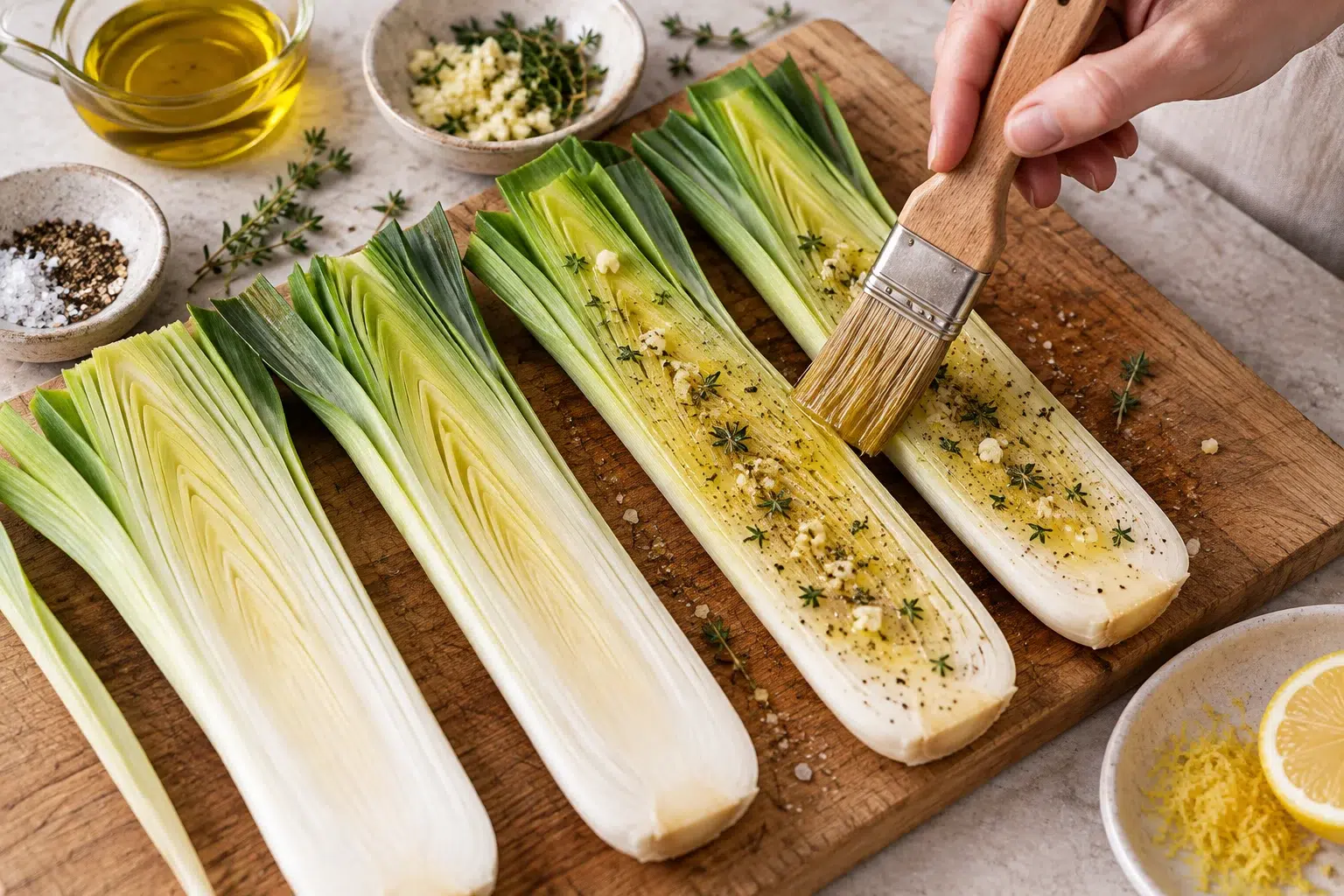 Demi-poireaux badigeonnés d’huile ail et thym avant cuisson