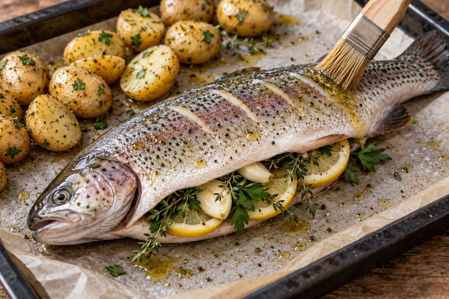 Truite entière garnie de citron ail persil et thym avant cuisson