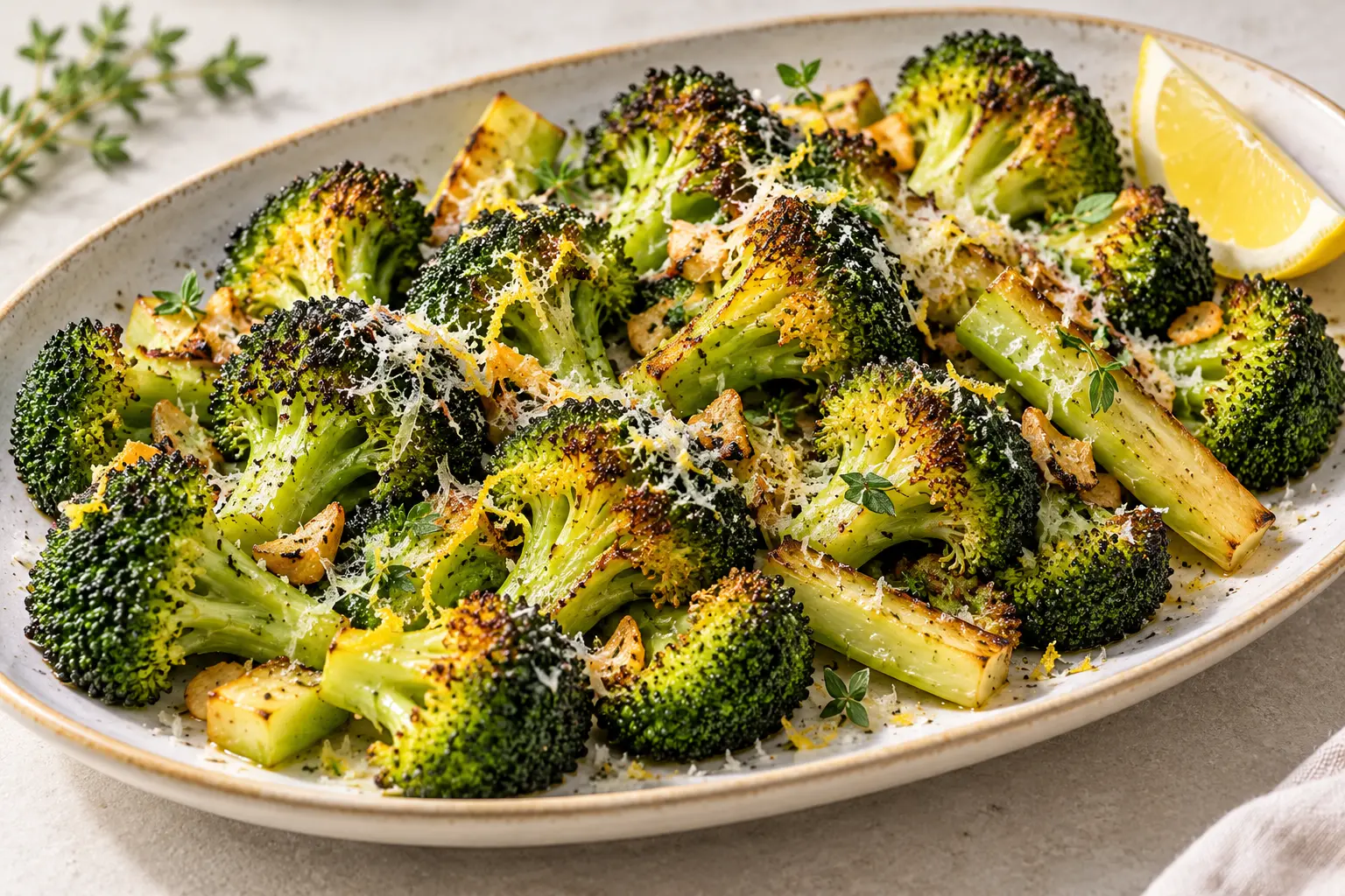 Brocoli rôti au four servi avec parmesan ail et citron