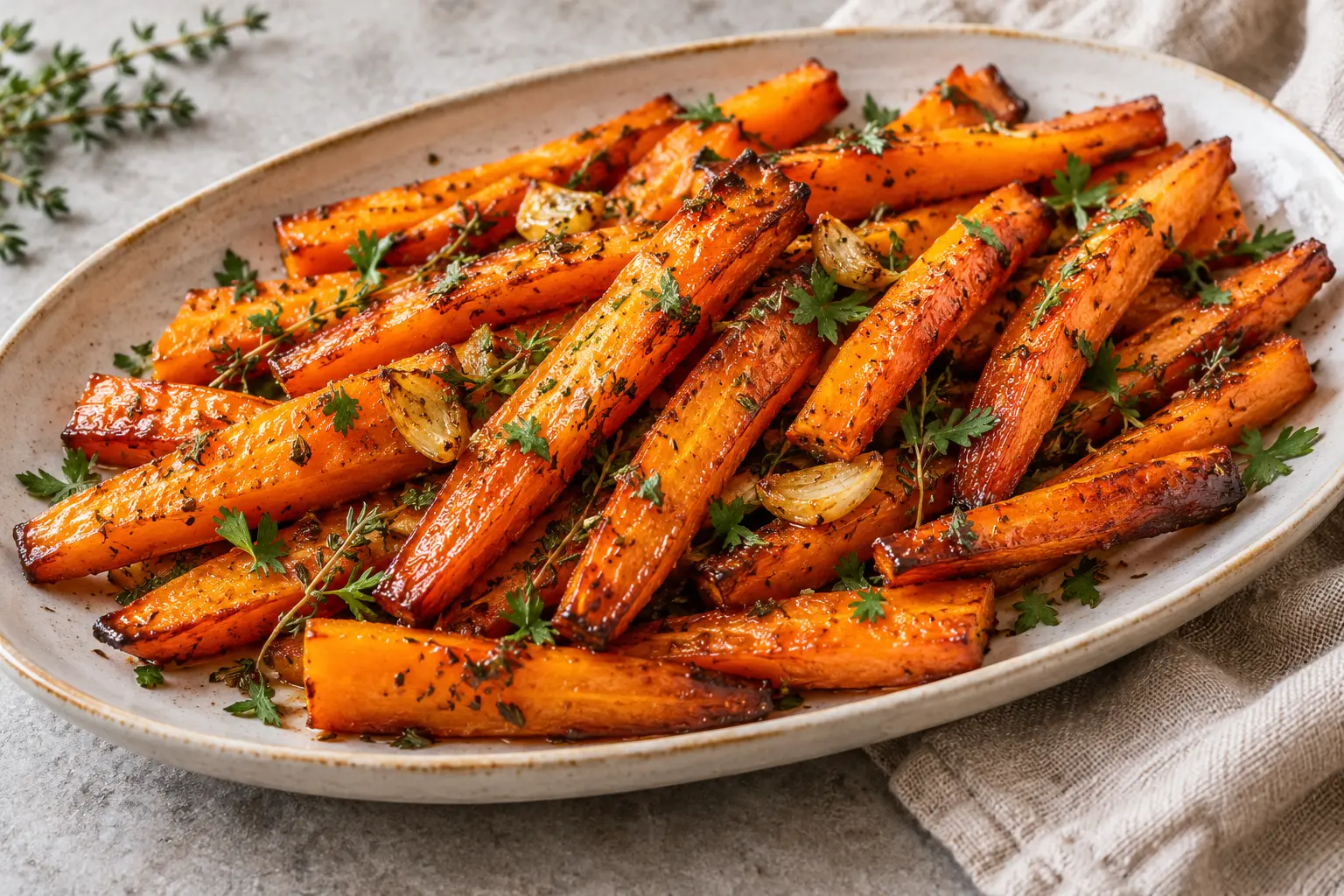 Carottes rôties au four servies avec ail thym et persil