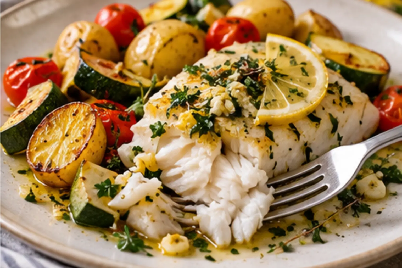 Filet de lieu noir tendre servi avec légumes rôtis et citron