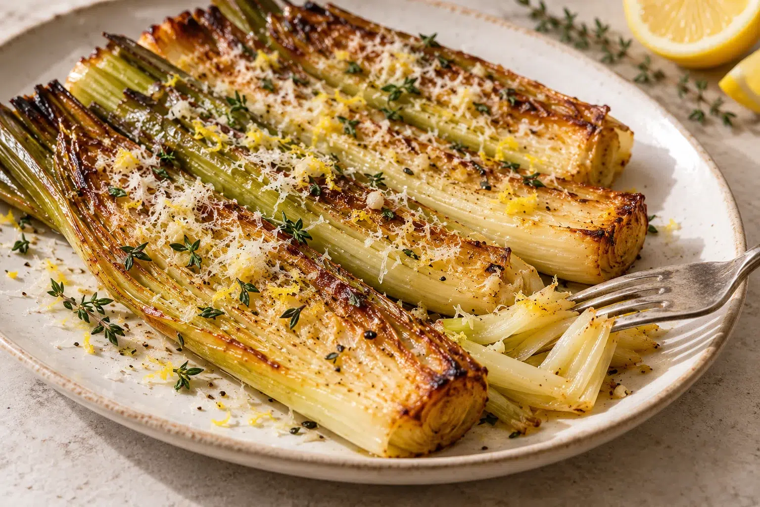 Poireaux rôtis au four servis avec parmesan et zeste de citron