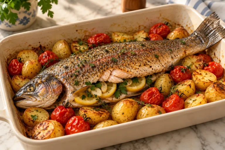 Truite entière au four au citron avec pommes de terre et tomates